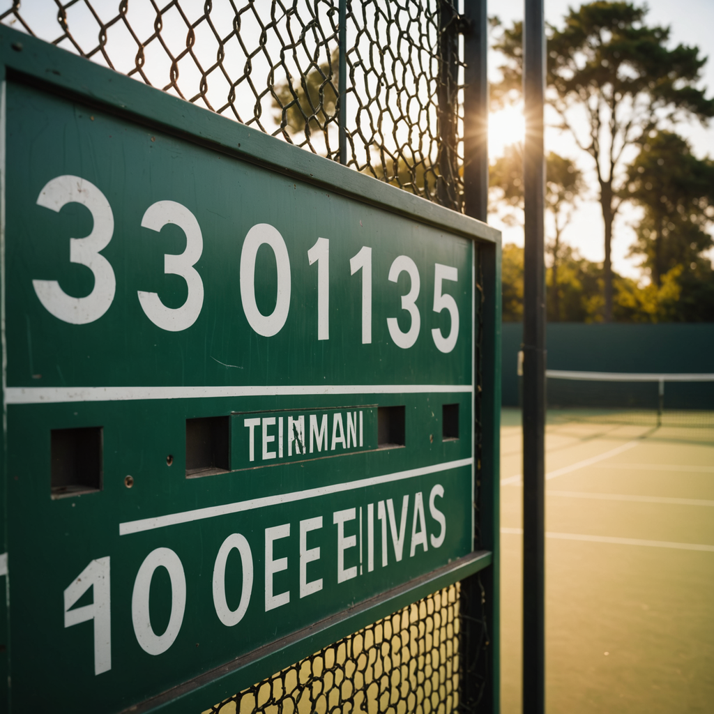 A close-up photograph of a weathered green tennis scoreboard at a sunlit outdoor junior…