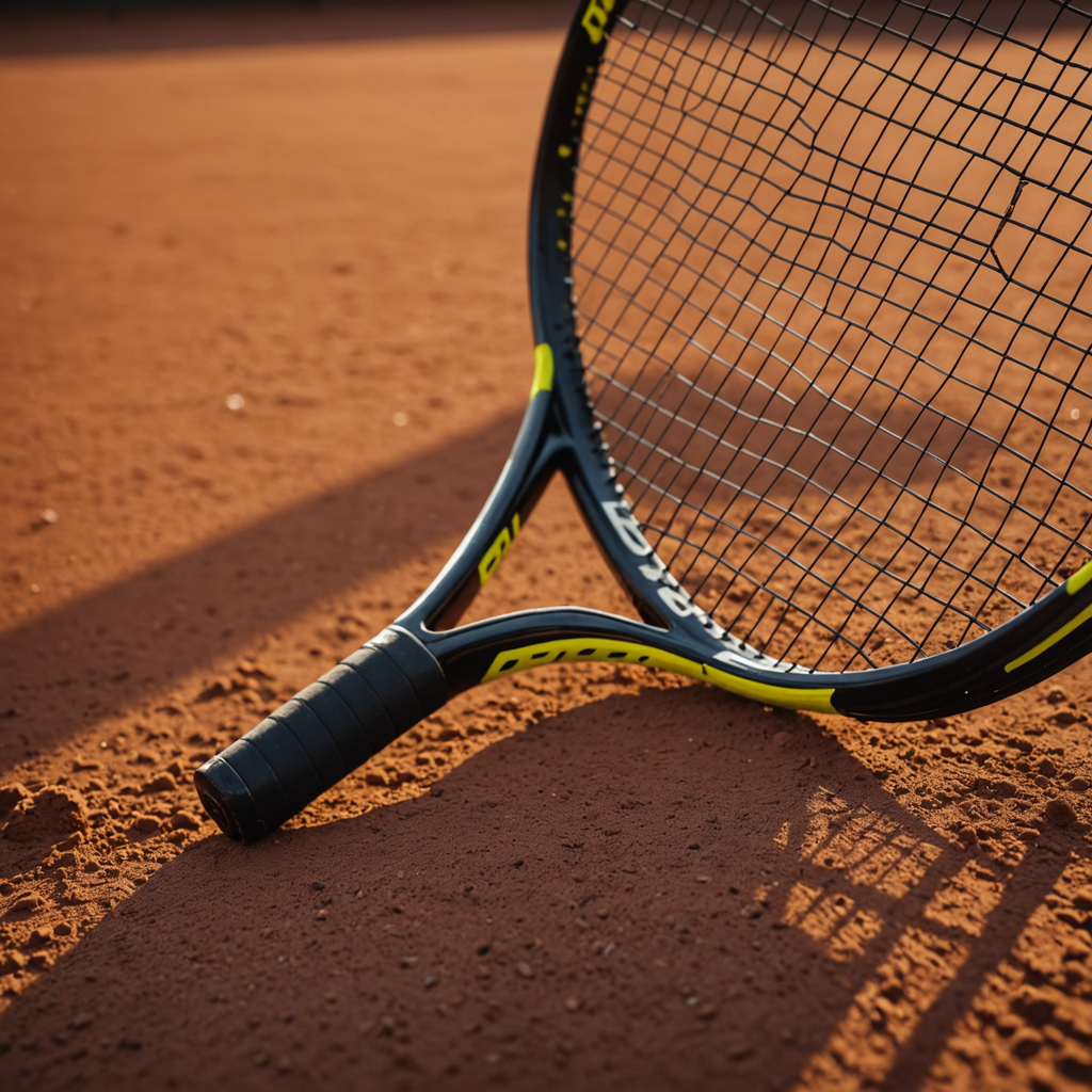 Close-up still life of a black and yellow Babolat Pure Aero tennis racquet resting…