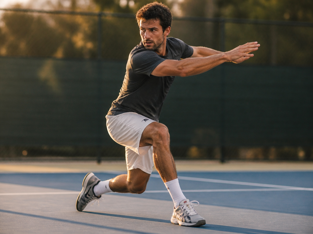 A recreational tennis player mid-swing on a sunlit hard court, captured in sharp action…