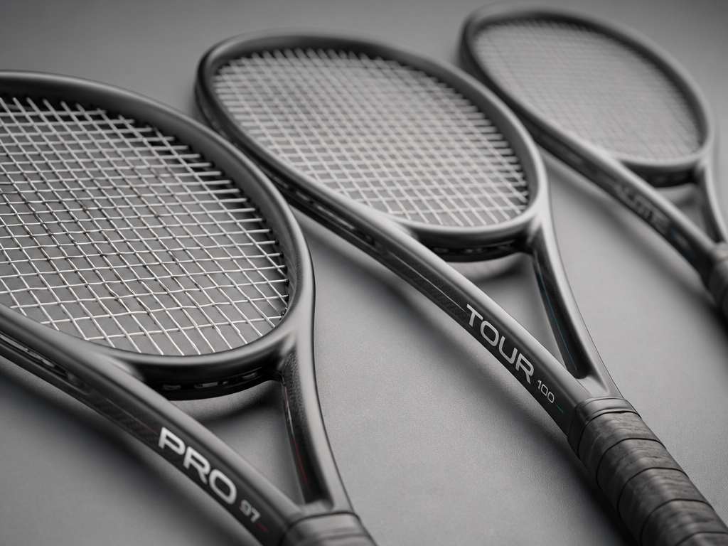 Close-up product still life of three tennis racquets arranged side by side on a…