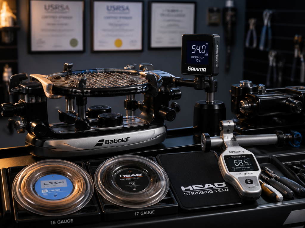 A meticulously organized professional tennis stringing workbench shot in sharp focus, featuring a precision…