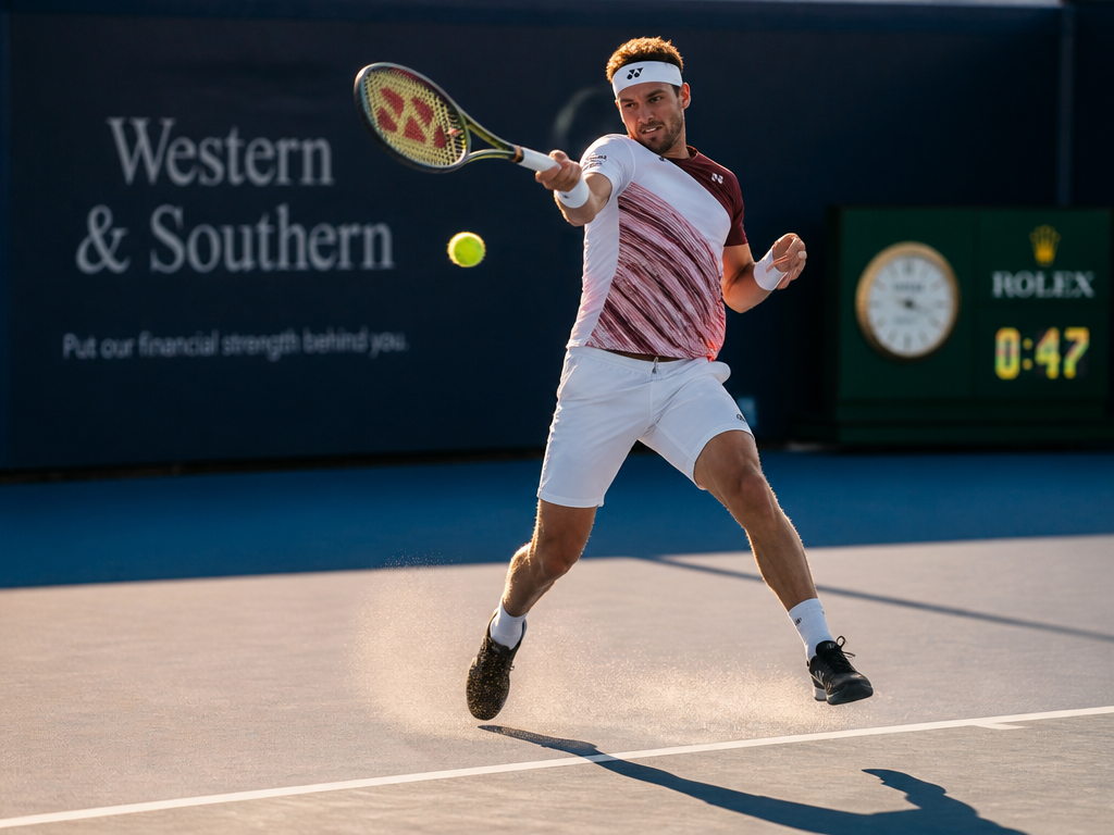 A dynamic action photograph of a male tennis player mid-swing on an outdoor court…