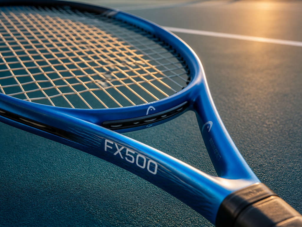 A close-up product photograph of a modern blue tennis racquet resting on the deep…