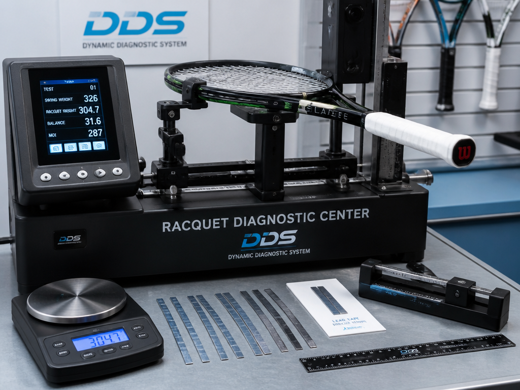 A clean studio still-life photograph of a racquet diagnostic machine and measuring equipment on…