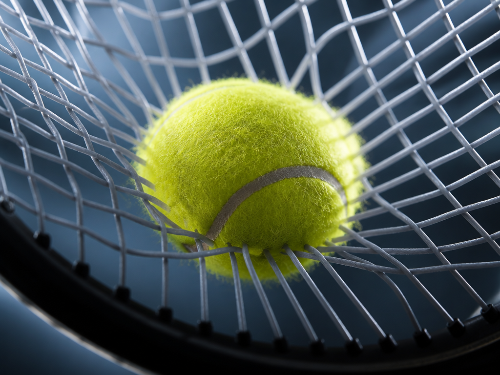 Extreme high-speed macro photograph capturing the exact instant a yellow tennis ball compresses and…