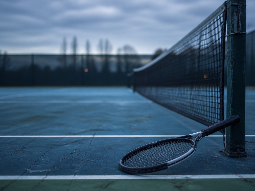 A weathered outdoor hard court at dawn under soft blue overcast light, empty and…