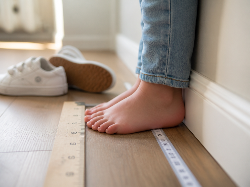 A close-up, ground-level photograph of a child's small bare foot standing against a clean…