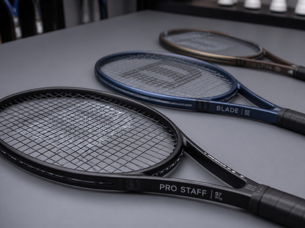 A close-up product still life of three tennis racquets laid in a row on…