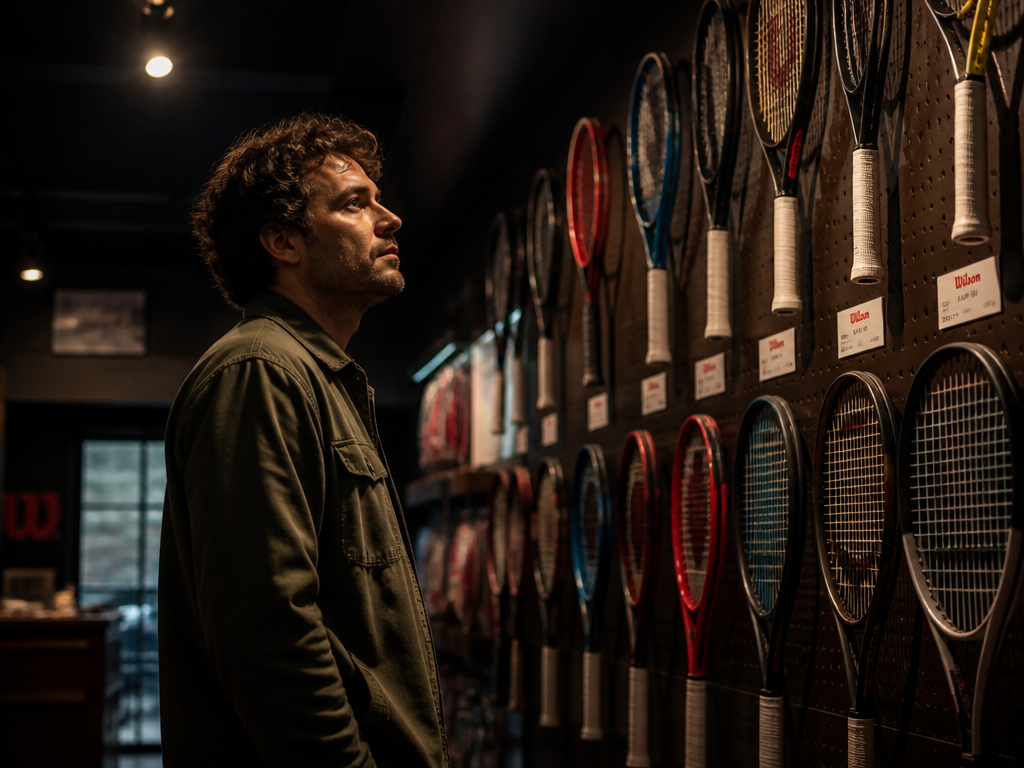 An intimate documentary-style photograph inside a dim tennis pro shop, a thoughtful customer standing…