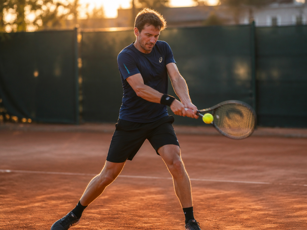 A photorealistic action shot at an outdoor clay tennis court during golden hour, a…