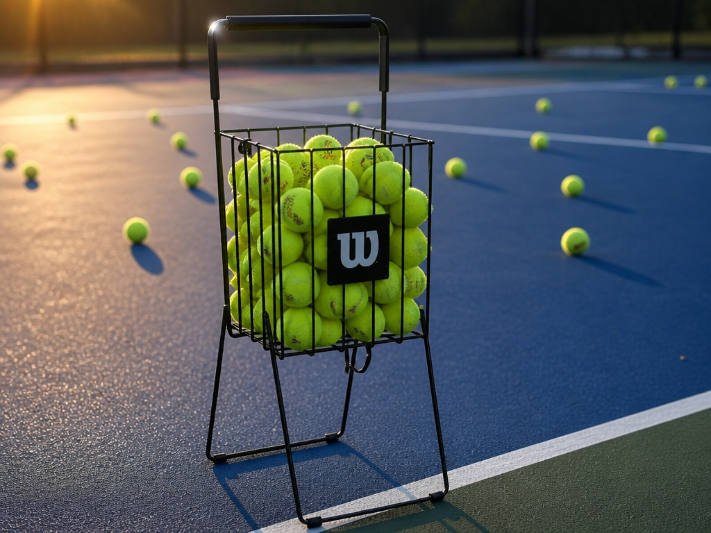 A wire press-down tennis ball hopper standing on its folding legs at the baseline…