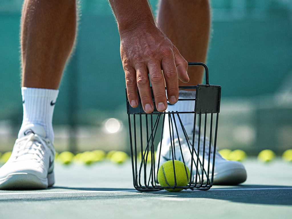A close-up action shot of a tennis player pressing a wire ball hopper down…