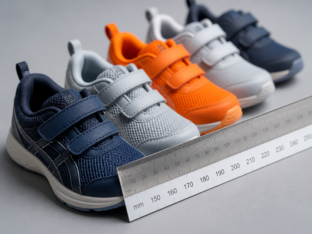 A close-up overhead photograph of several children's tennis shoes lined up in a neat…
