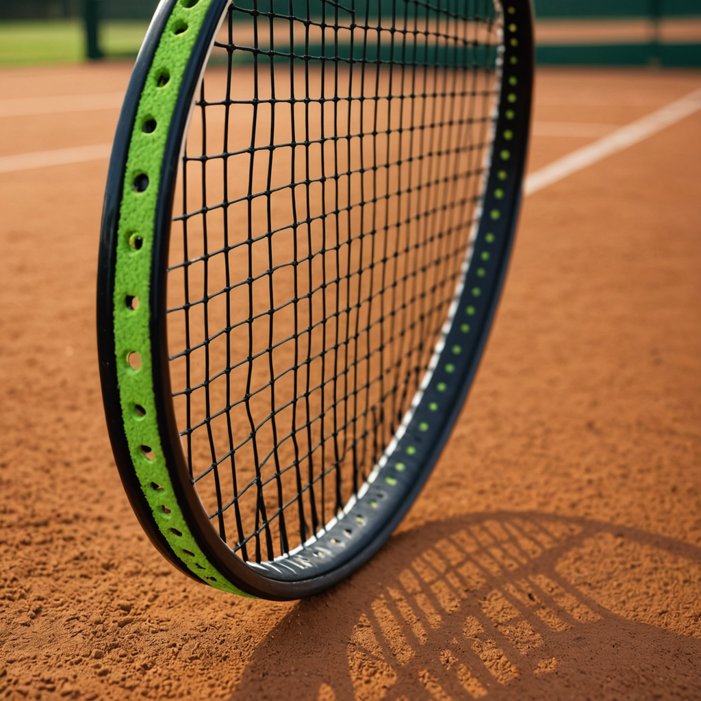 Extreme close-up macro photograph of a black tennis racquet head resting on a clay…