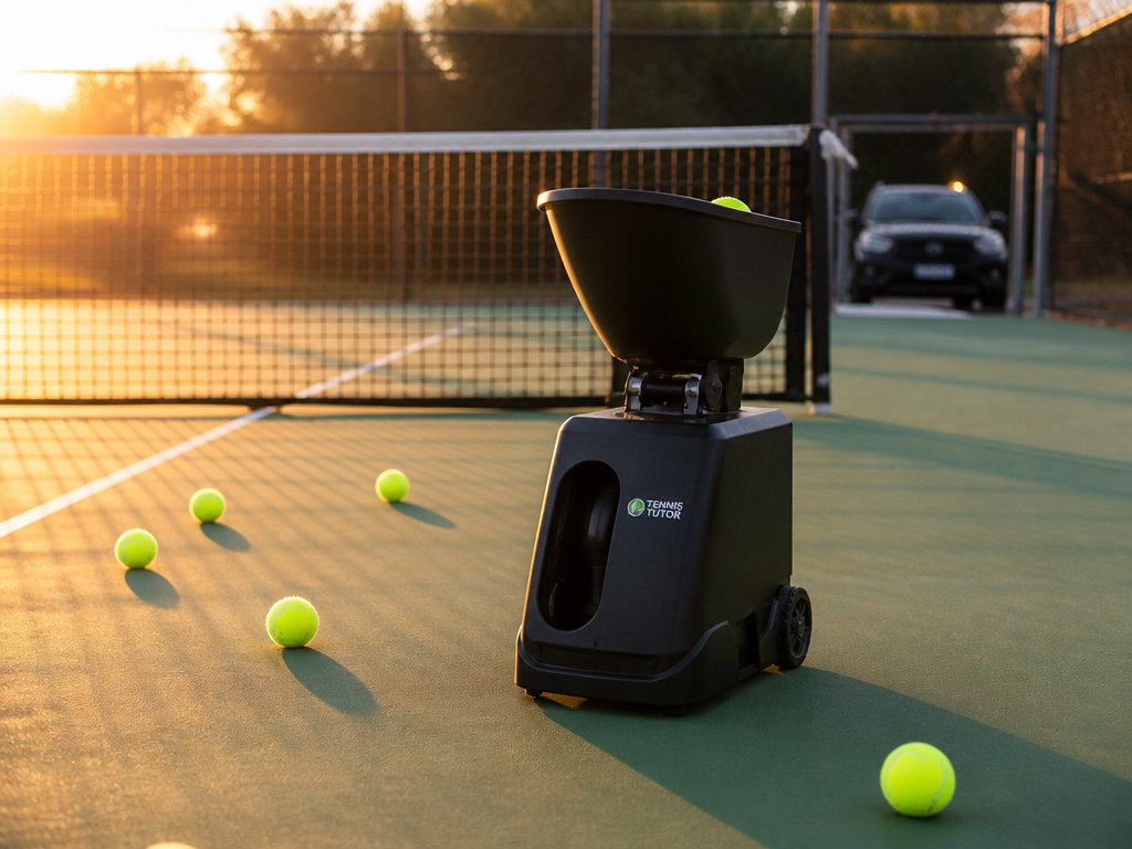 A photorealistic wide-angle photograph of a compact battery-powered tennis ball machine positioned behind the…