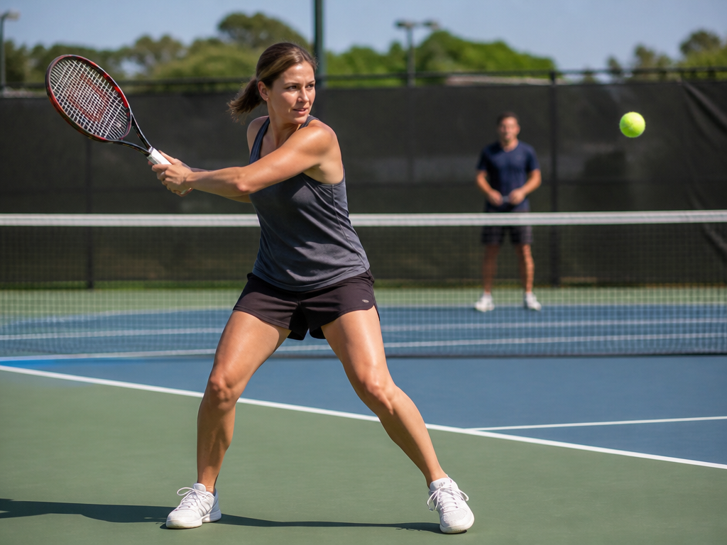 A photorealistic full-body action shot of an adult beginner in mid-swing during a first…