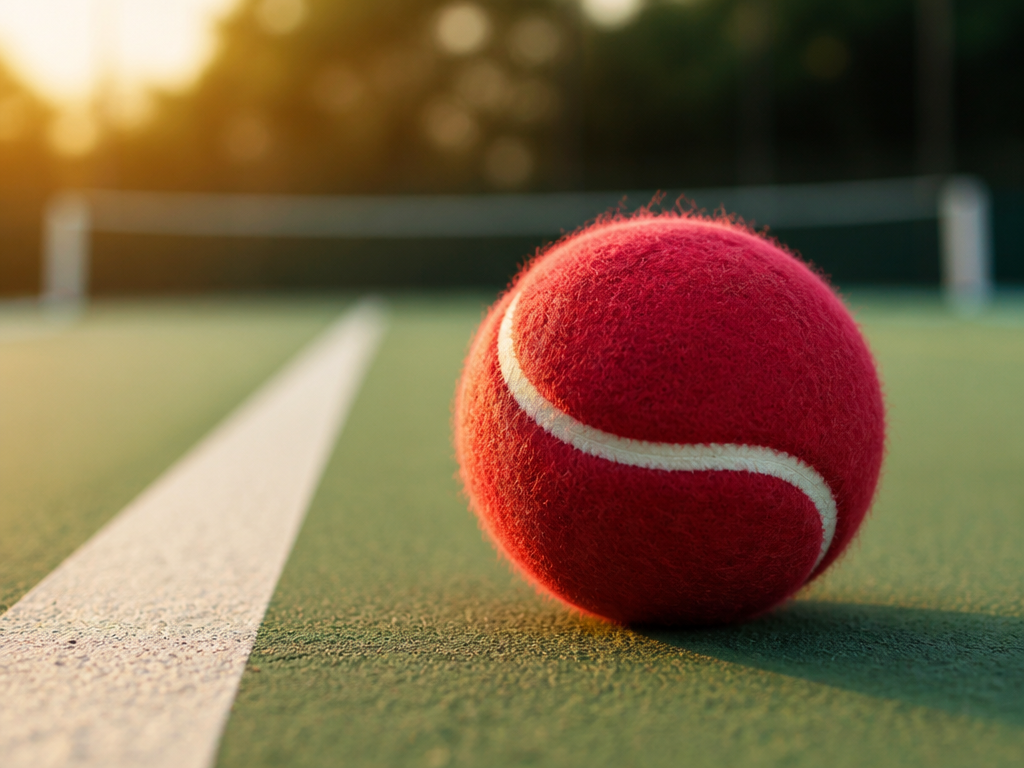 A photorealistic close-up of a low-compression red foam tennis ball resting on the green…