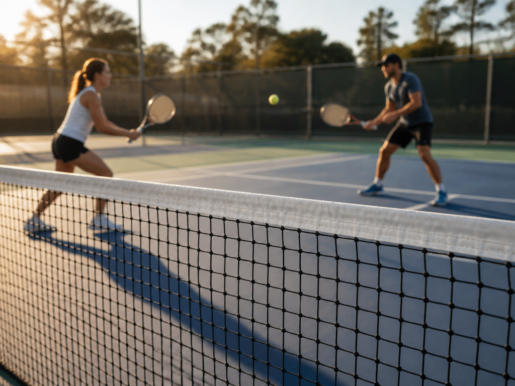 A photorealistic over-the-net composition showing a cooperative rally between two adults on a tennis…