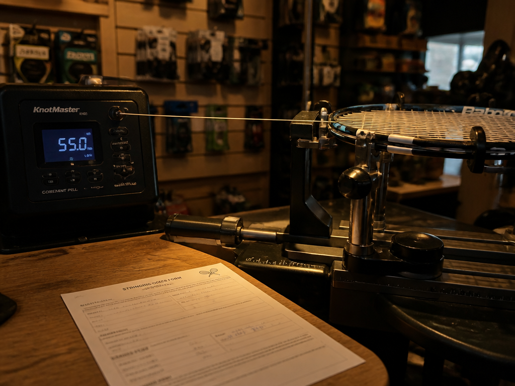 Photorealistic interior scene at a tennis pro shop stringing counter, an electronic constant-pull stringing…