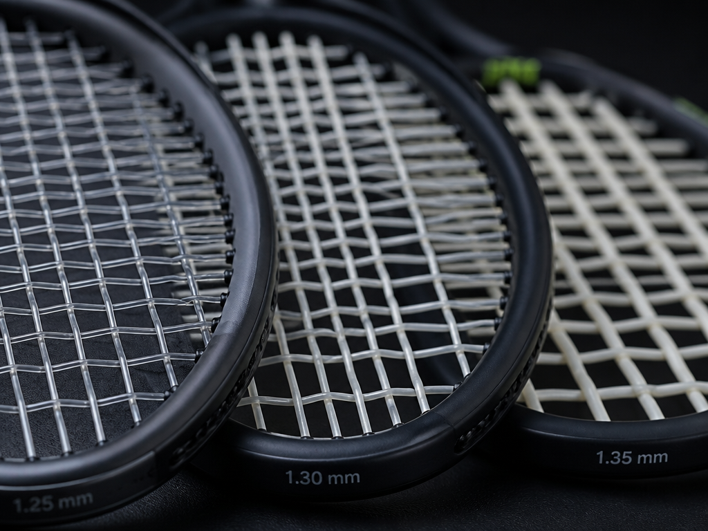 Extreme close-up macro photograph of three tennis racquet stringbeds laid side by side on…