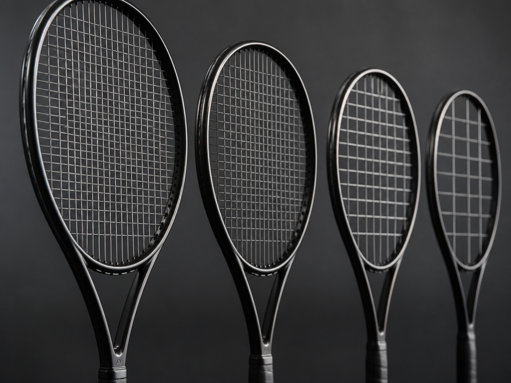 A photorealistic studio still life of four tennis racquets standing upright in a row…