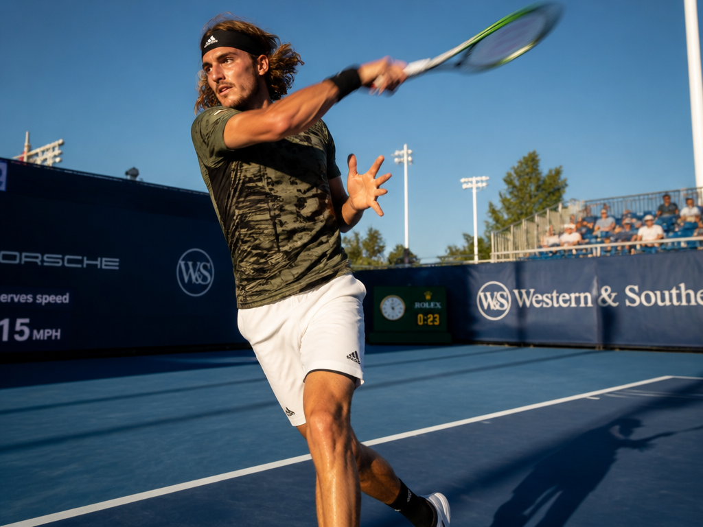 A wide action photograph of a tennis player at the peak of a topspin…