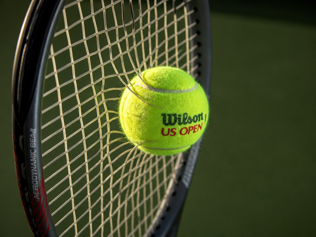 A close-up macro photograph of a tennis racquet's open 16x19 string bed catching a…