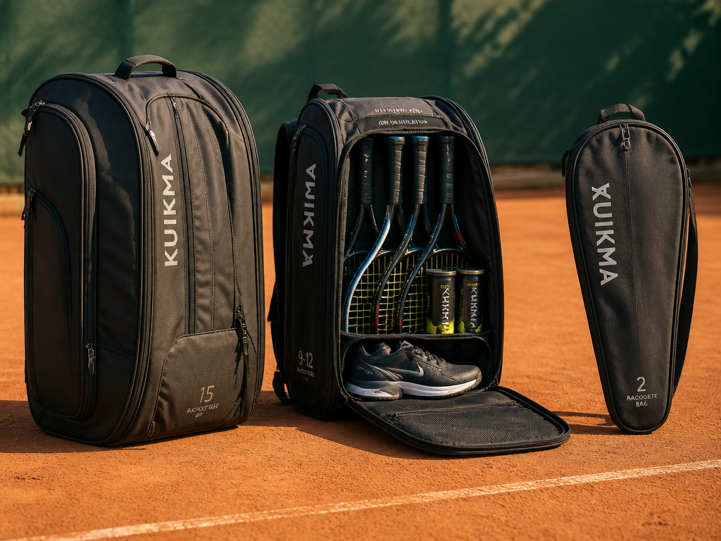 A photorealistic still-life product shot of three tennis bags lined up side by side…