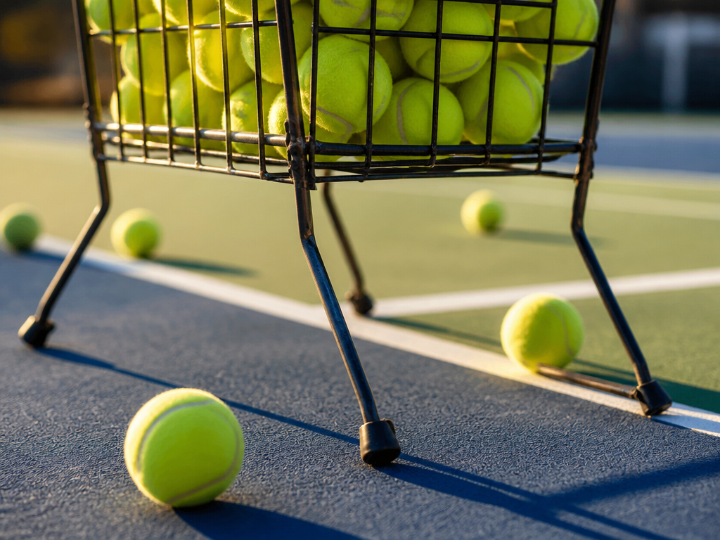 A close-up product photograph of a wire pickup tennis basket resting on a sun-baked…