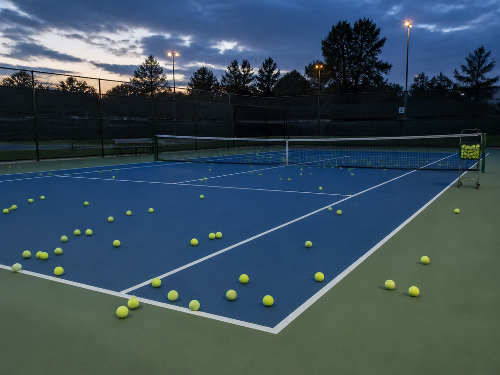 A wide-angle photorealistic photo of an empty outdoor tennis court at dusk, dozens of…