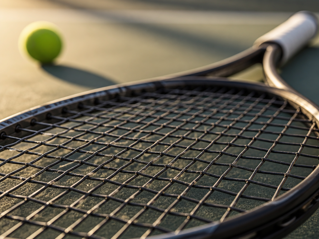A tightly composed macro photograph of a modern tennis racquet lying on a freshly…
