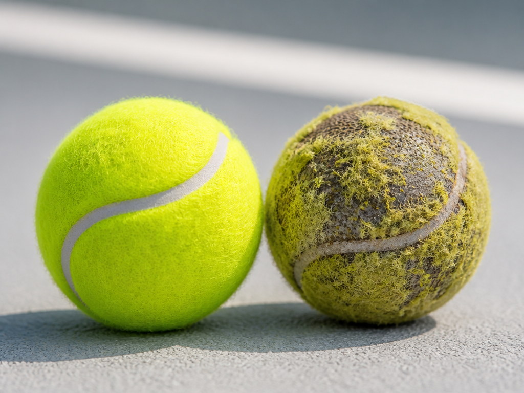 Macro product photography of two tennis balls side by side on a clean white-grey…