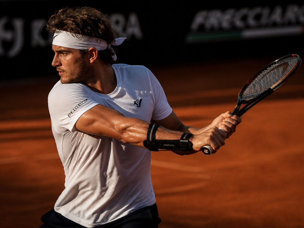 Dynamic side-profile action shot of a tennis player mid-backhand swing on an outdoor clay…