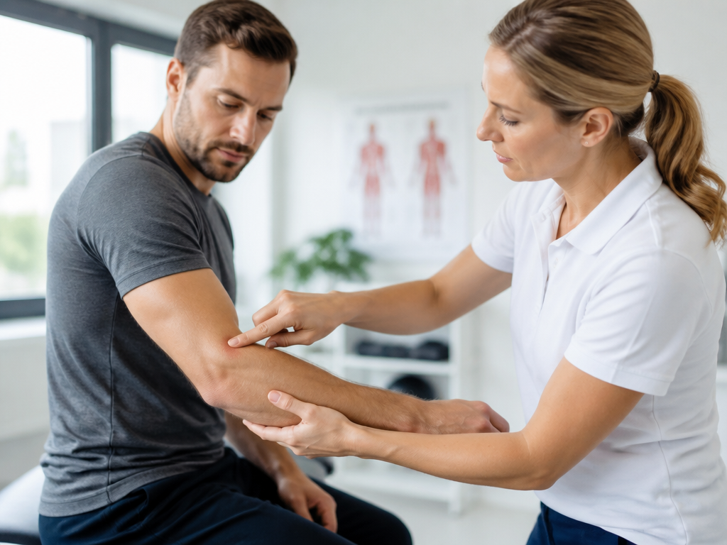 A physiotherapist in a bright clinic pressing two fingers against the outer elbow of…