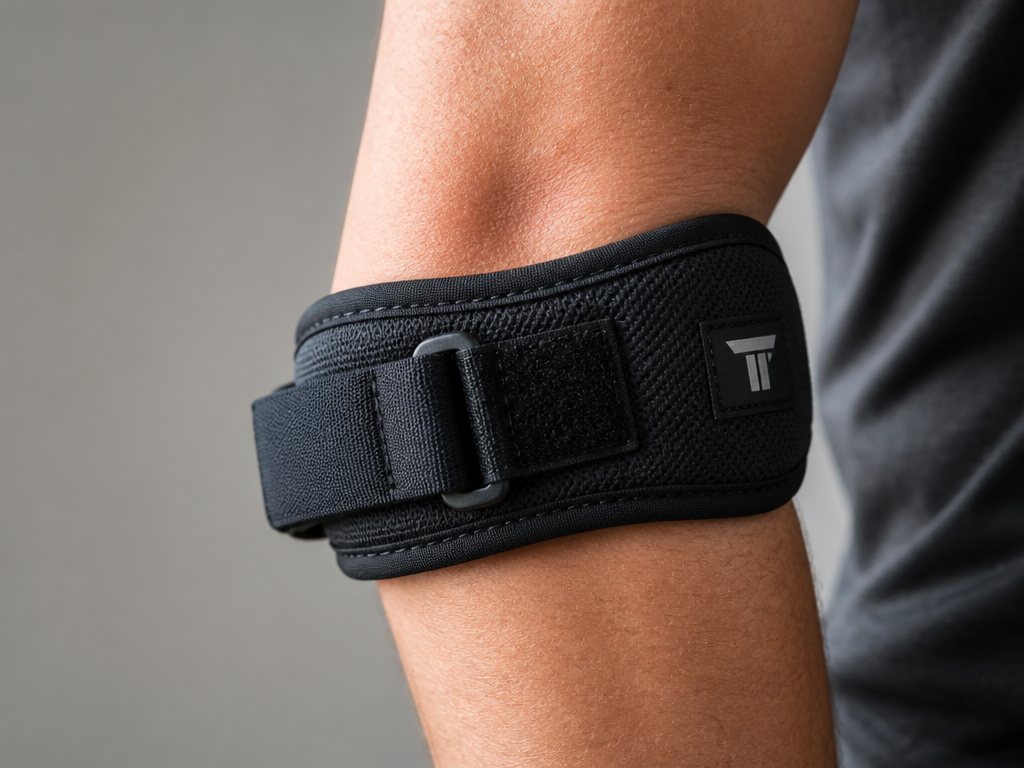 Close-up macro photograph of a black counterforce tennis elbow strap wrapped around a person's…