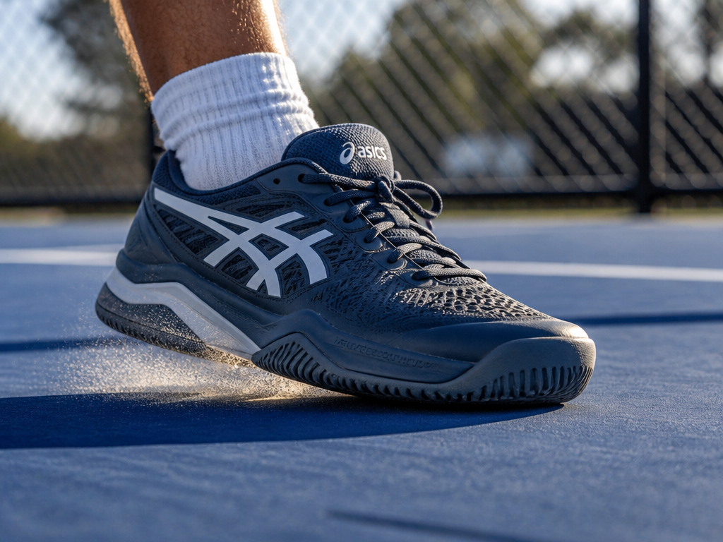 A close-up, low-angle photograph of a single Asics Gel Resolution 8 tennis shoe captured…