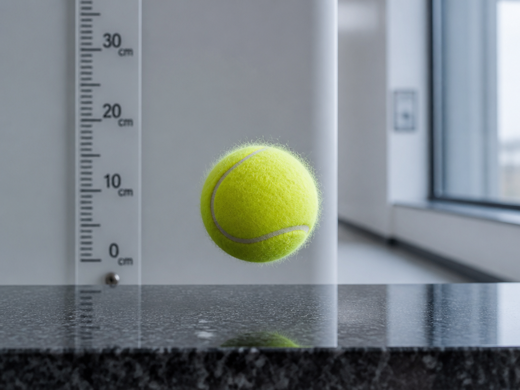 A tightly composed macro photograph of a single fluorescent-yellow tennis ball frozen mid-rebound just…