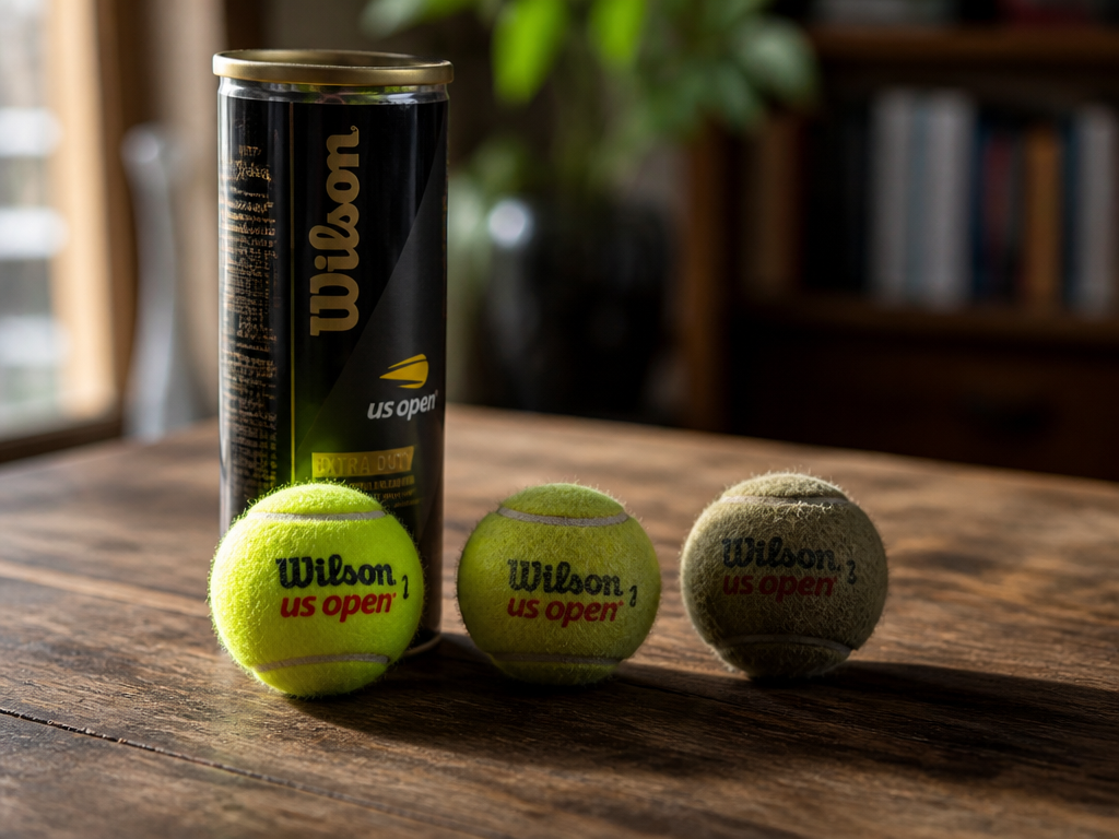 A freshly opened pressurized tennis ball can standing on a weathered wooden table beside…
