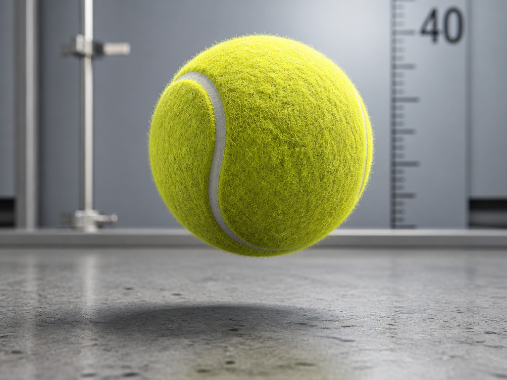 Extreme close-up macro photograph of a single bright yellow-green tennis ball captured mid-bounce just…