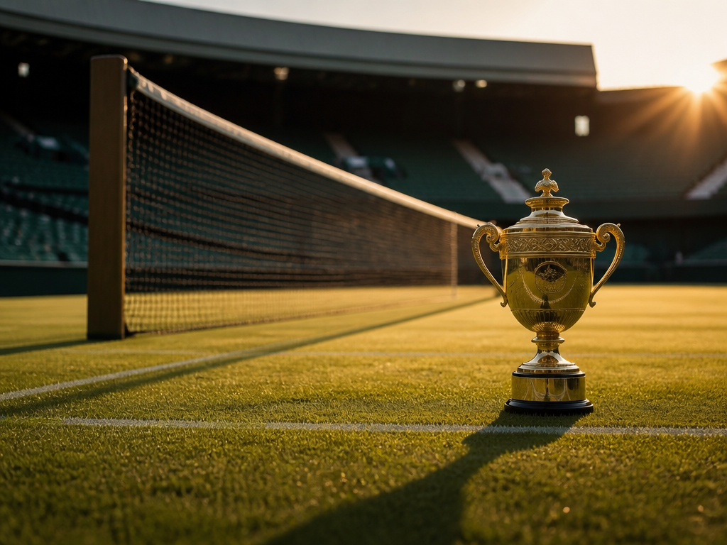 A dramatic low-angle photograph of a pristine grass tennis court at golden hour, the…