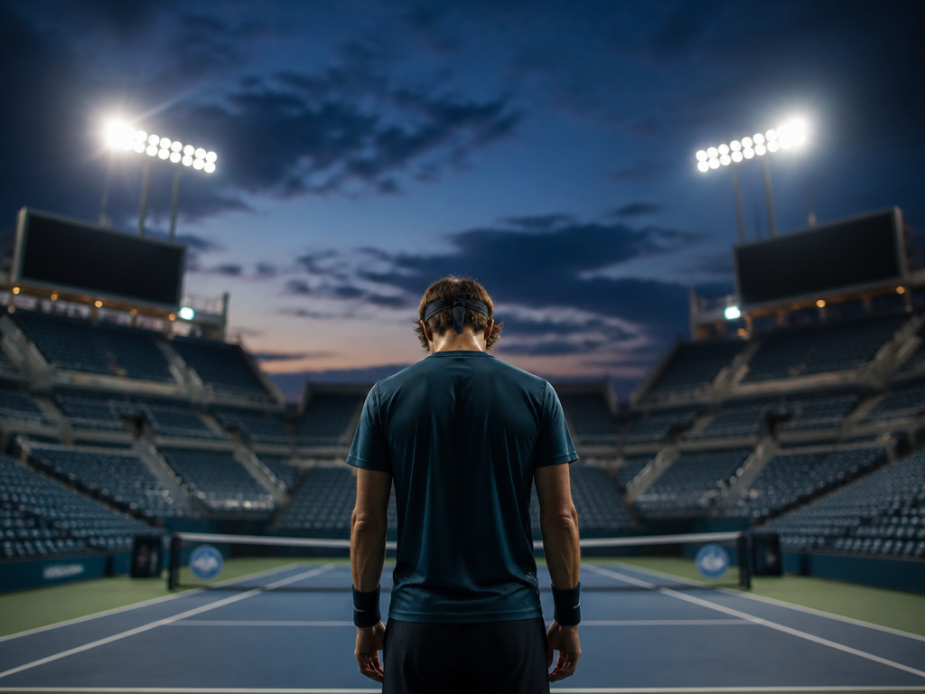 A contemplative portrait of a lone tennis player standing at center court in an…