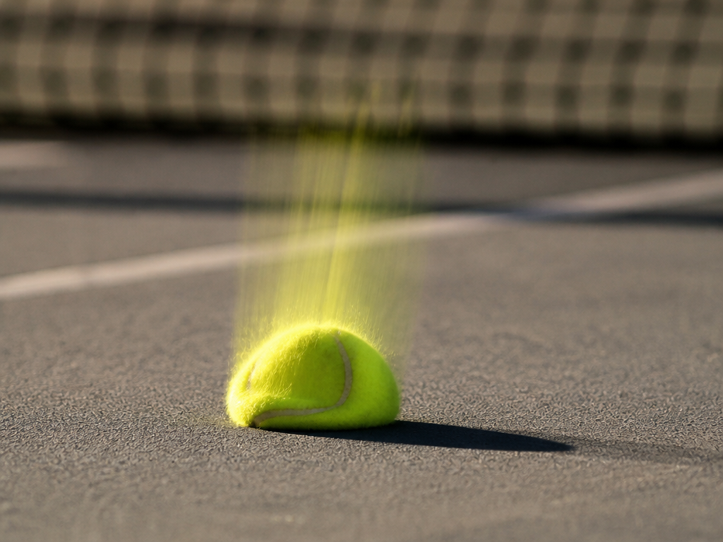 High-speed action photograph of a single tennis ball mid-bounce on a sunlit concrete court…
