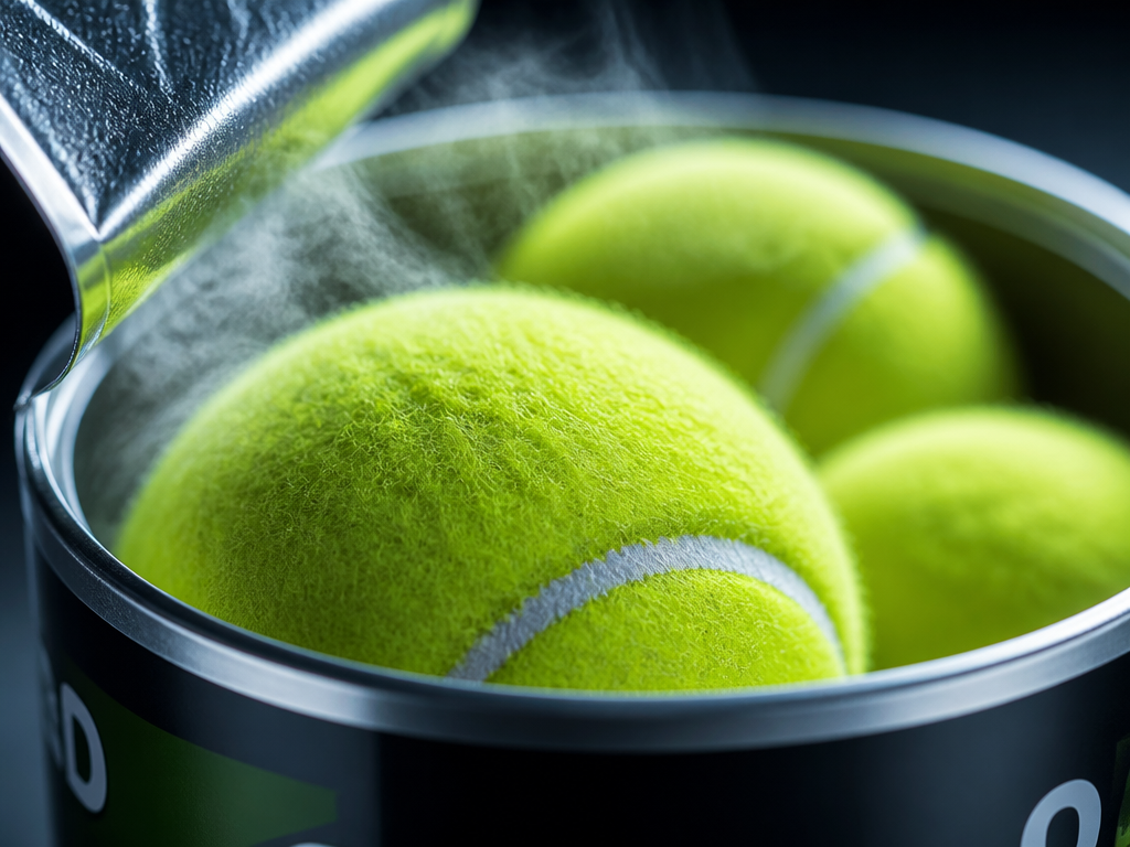 Extreme close-up macro photograph of a freshly opened can of tennis balls, the metal…