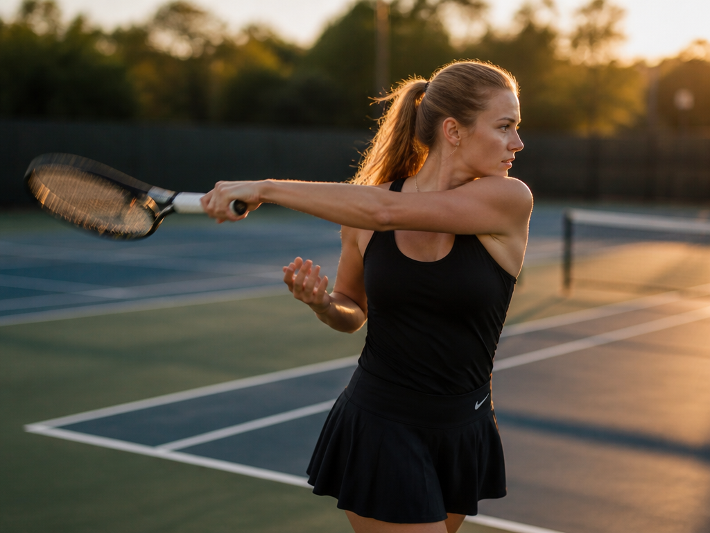 A first-year adult tennis player mid-swing on an outdoor court at golden hour, captured…