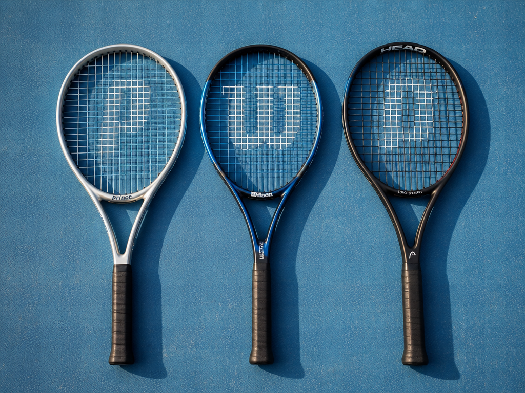 Three tennis racquets laid side by side on a clean hardcourt surface in soft…
