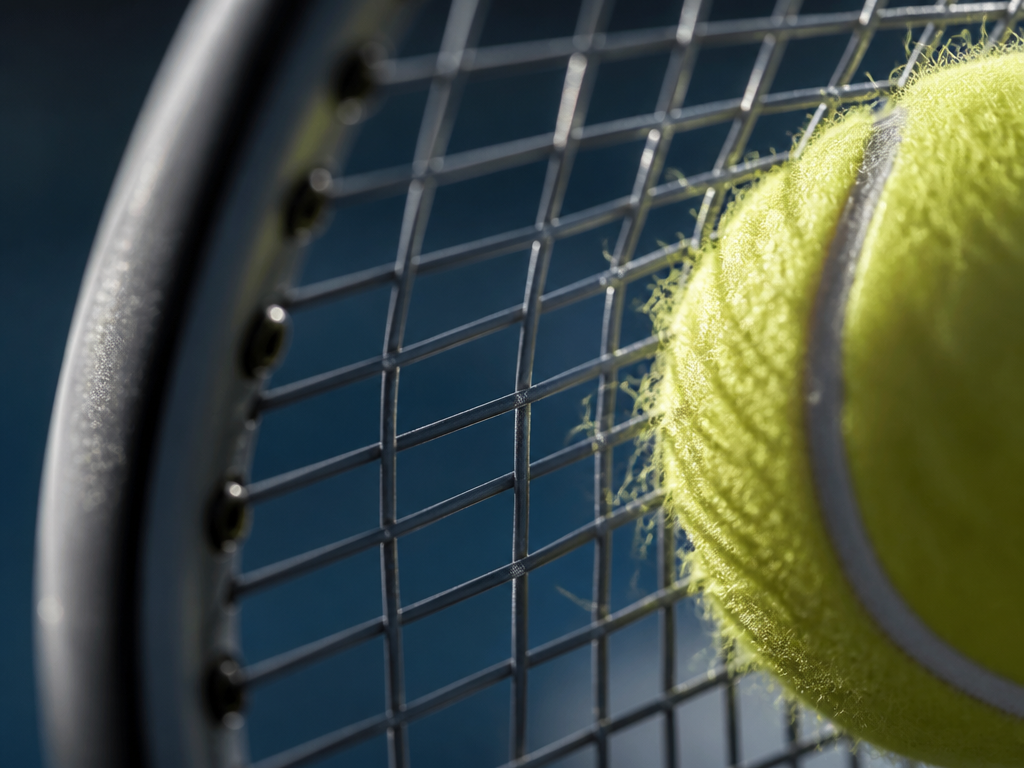Extreme close-up macro photograph of a tennis racquet's string bed at the exact moment…