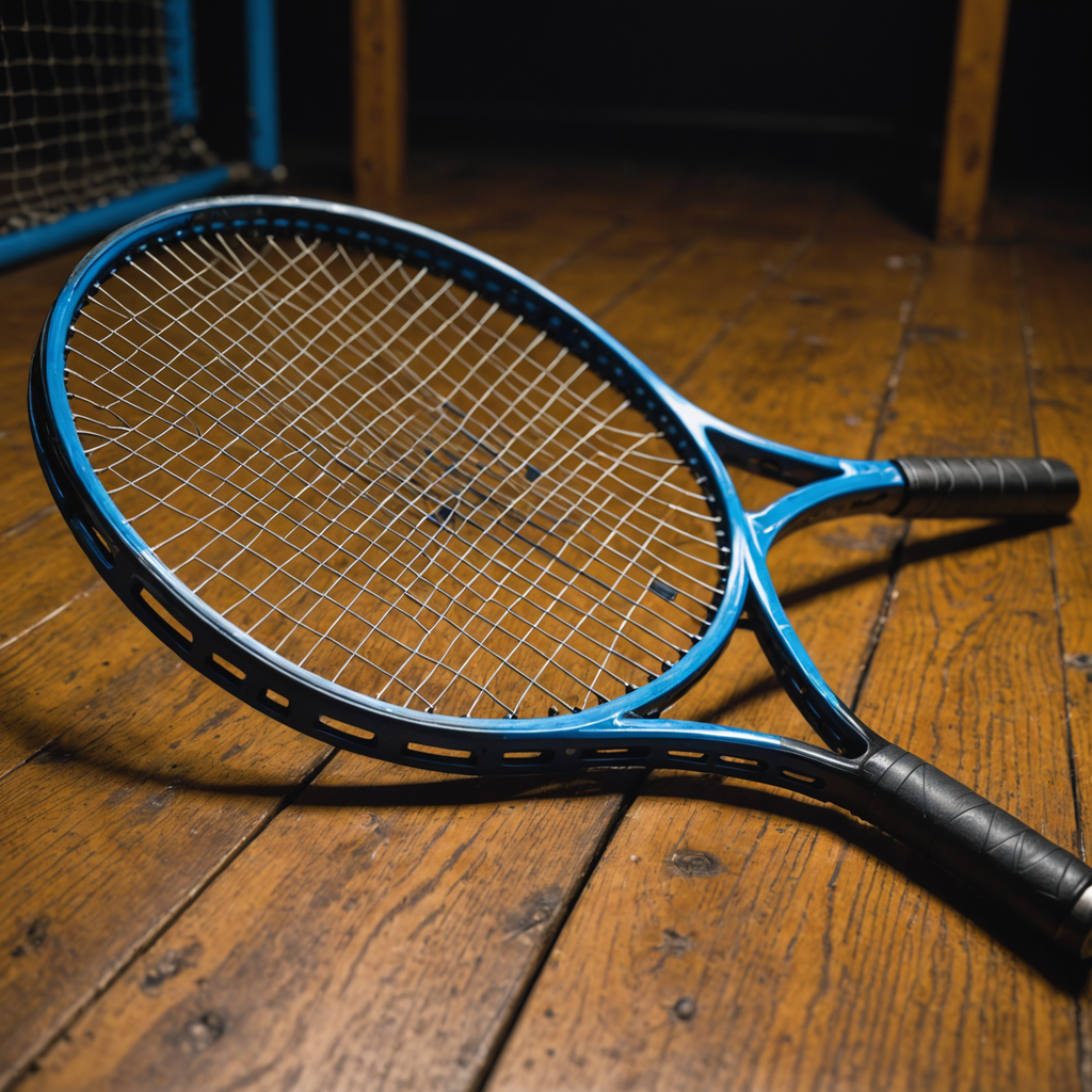 Close-up macro photograph of a modern blue and black tennis racquet with a 98-square-inch…