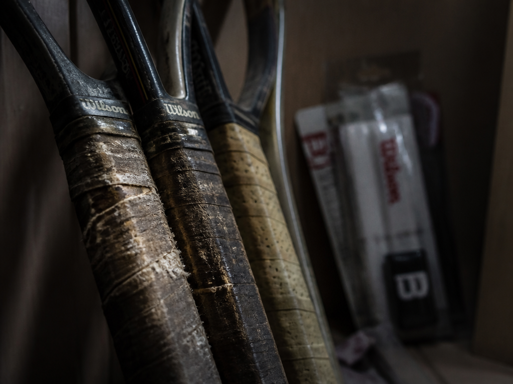 A close-up macro photograph of weathered tennis racquet handles leaning in a dim home…