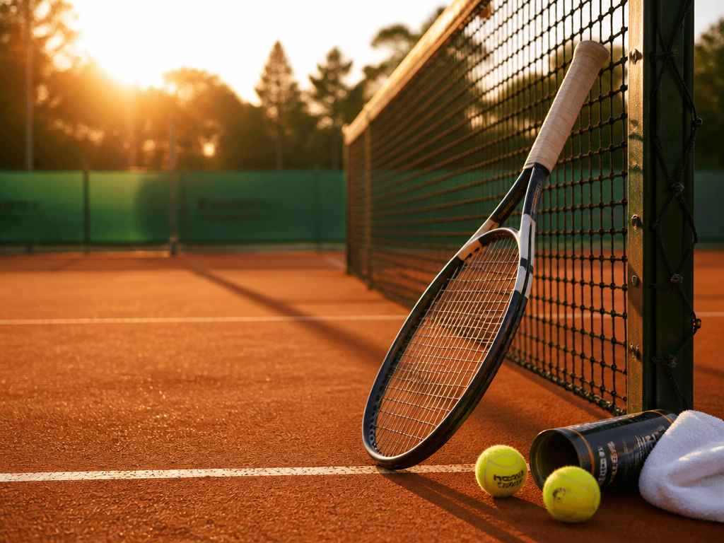 A photorealistic outdoor scene on a sunlit clay tennis court at golden hour, a…