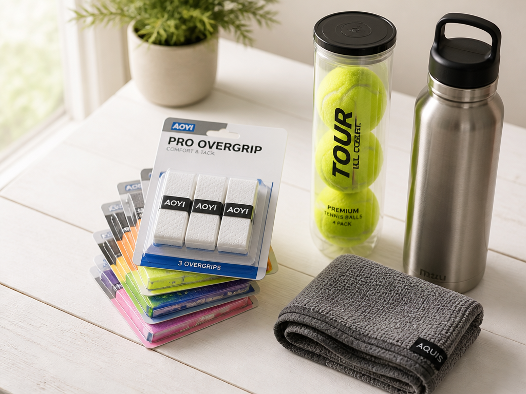 A meticulously organized flat-lay overhead shot on a clean white wooden surface, showing the…